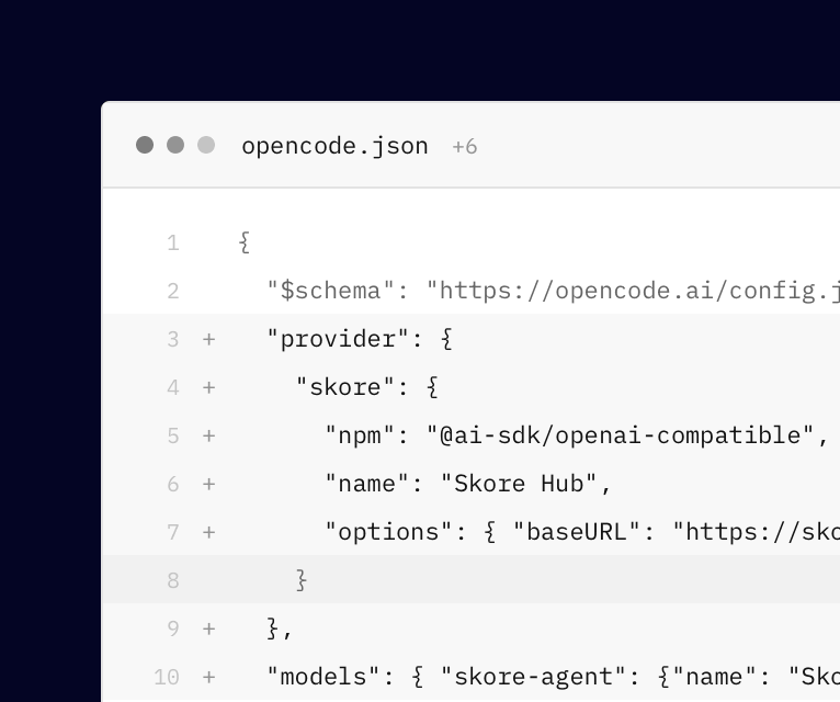Code editor showing an opencode.json config with the Skore provider added.