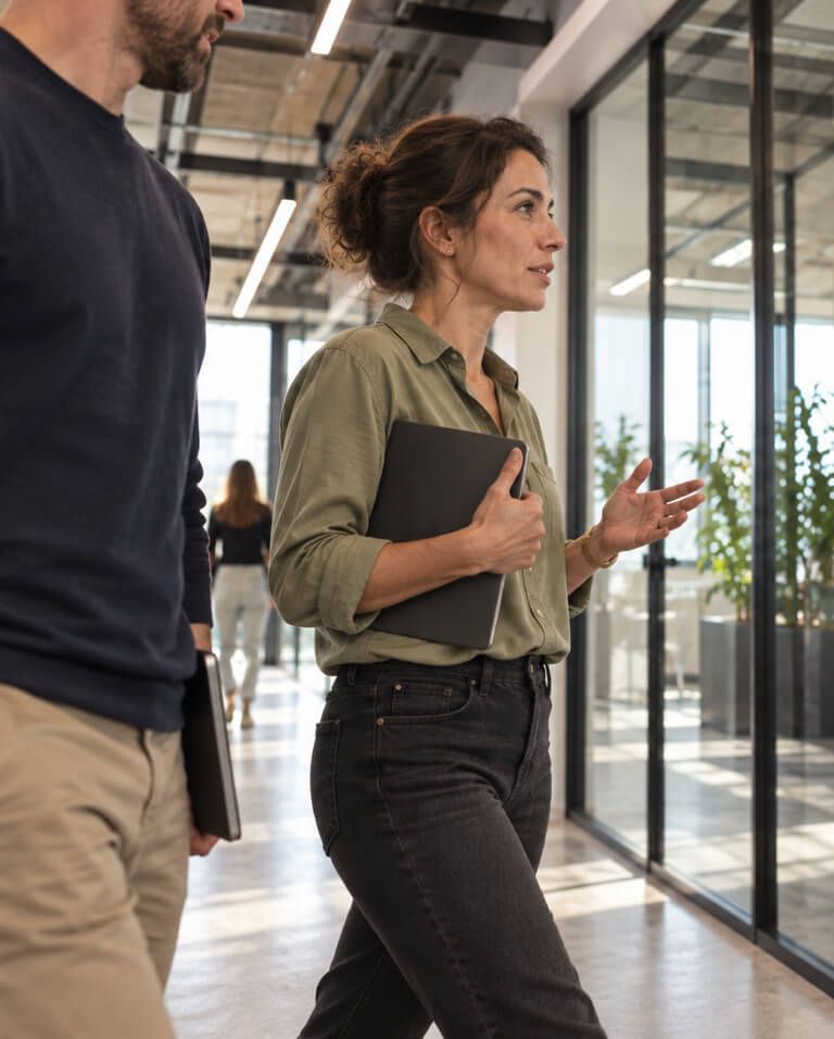 A woman explaining something with her hands in an office meeting.