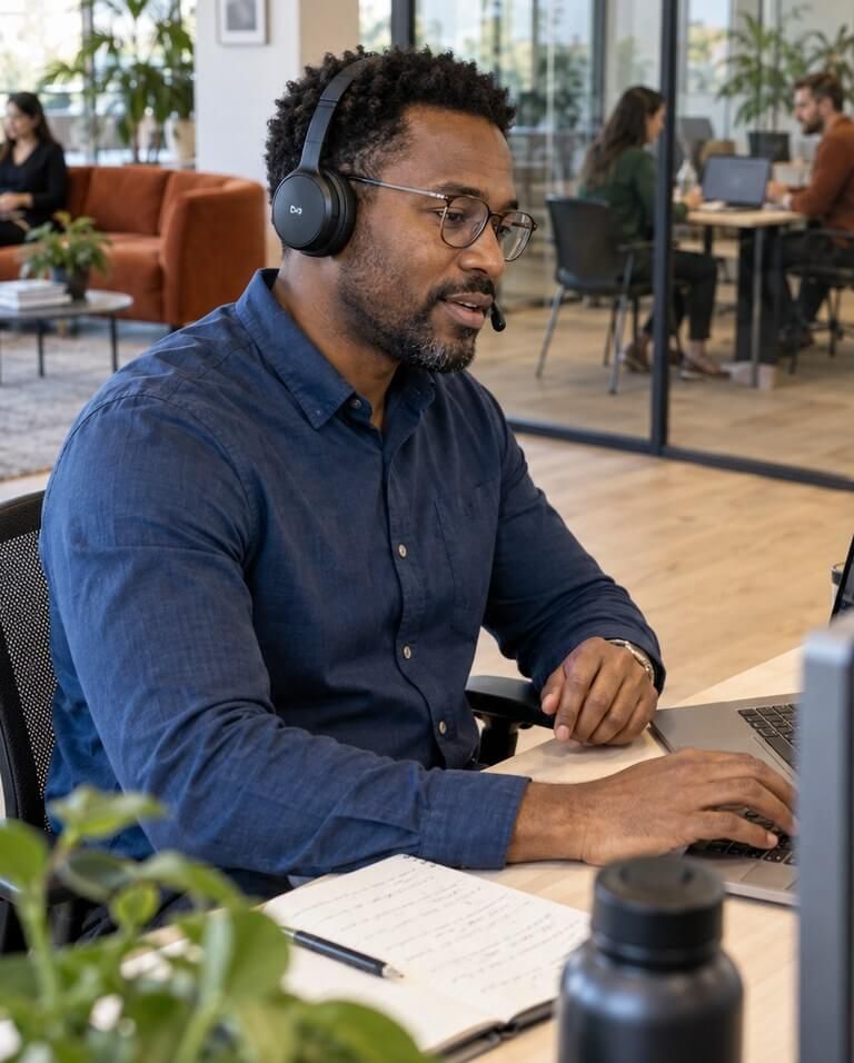 A man wearing a headset working at his laptop in an open-plan office.