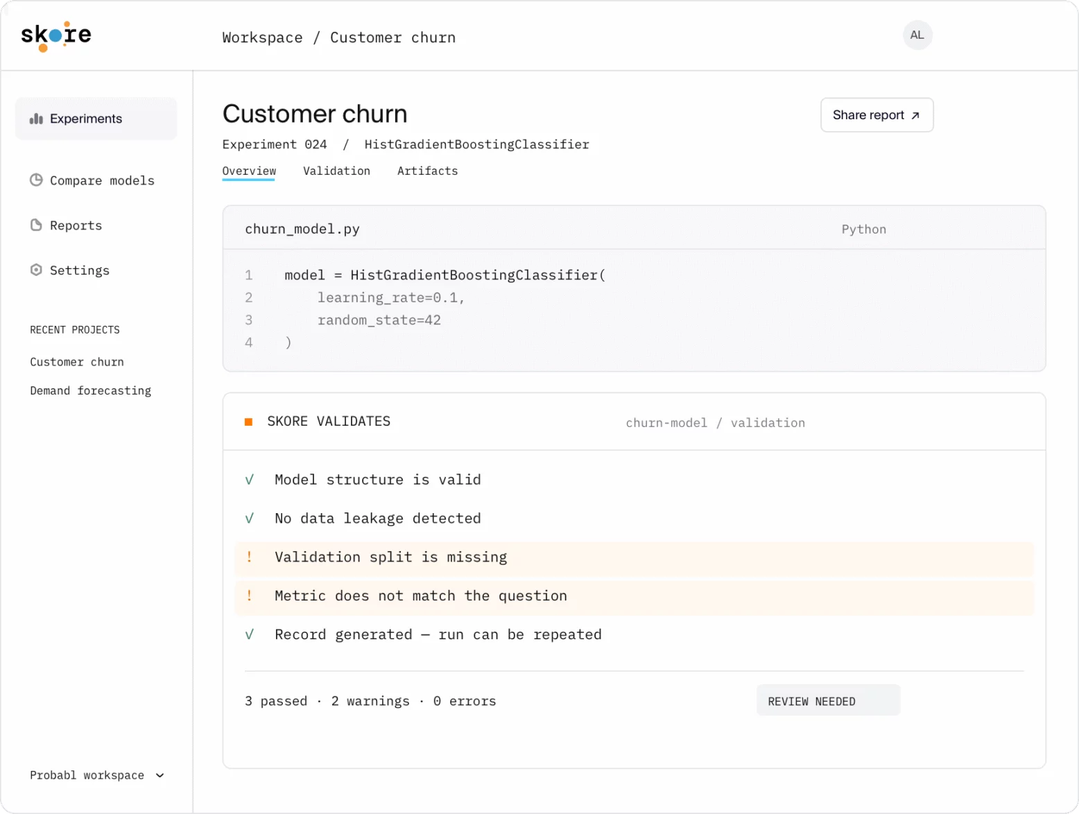 Skore workspace showing the customer-churn experiment: model code next to automated validation checks.