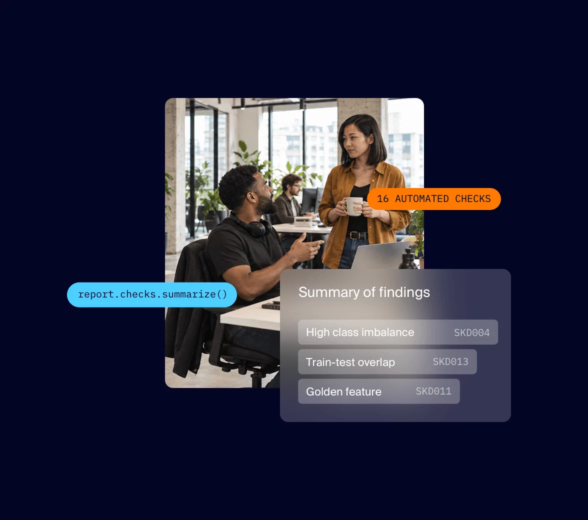 Skore collage: two colleagues talking at a desk in an office, next to a summary of findings from 16 automated checks.