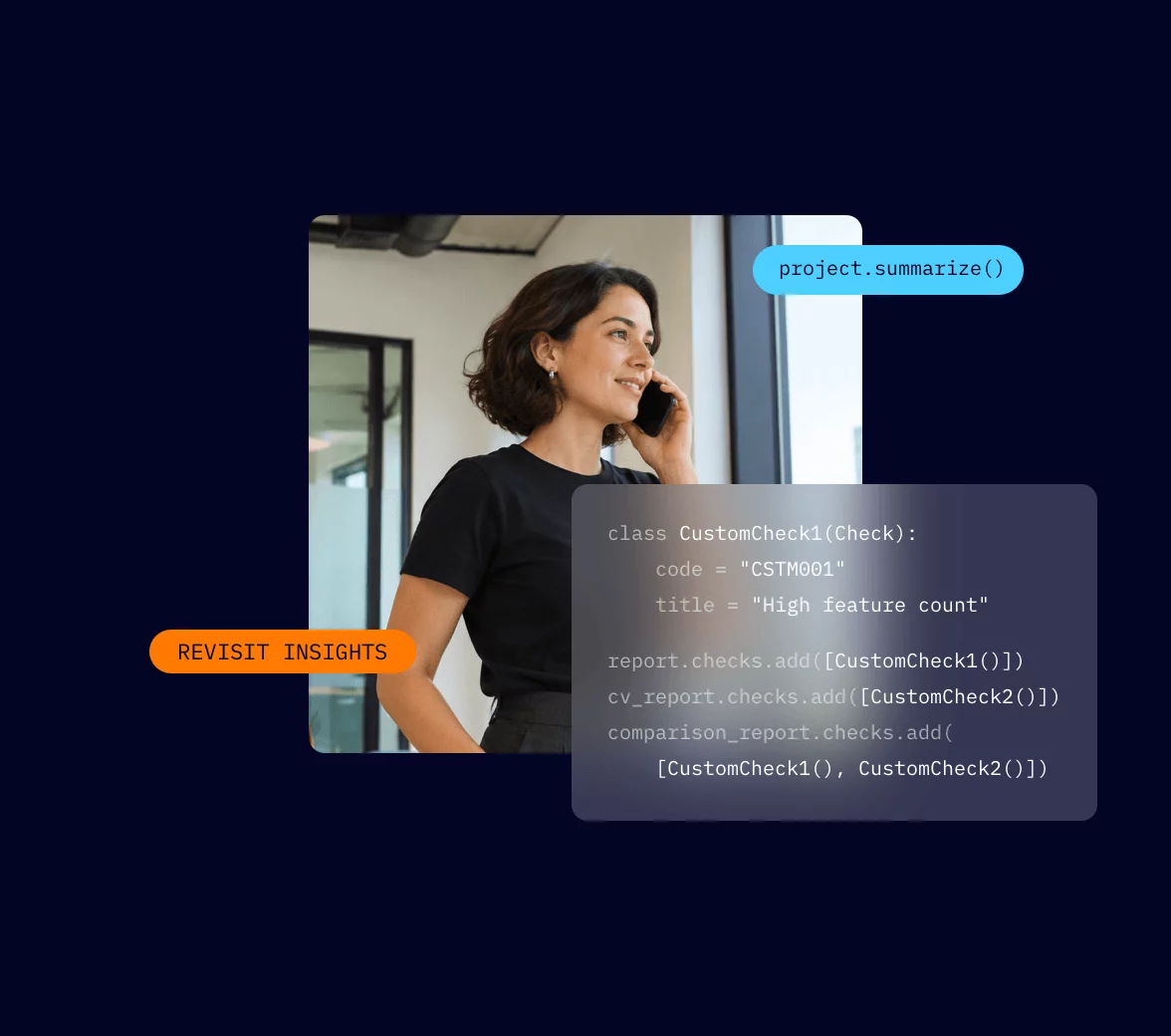 Skore collage: a data scientist on the phone by a window, next to custom check code registered as a reusable skill.