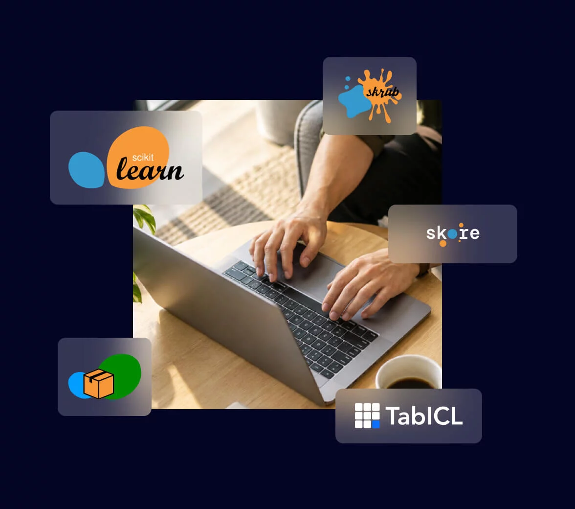 Hands typing on a laptop, surrounded by the logos of the open source libraries scikit-learn, skrub, skore, skops and TabICL