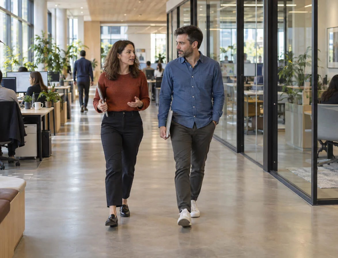 Two colleagues talking as they walk through a bright open-plan office with plants and glass-walled meeting rooms.