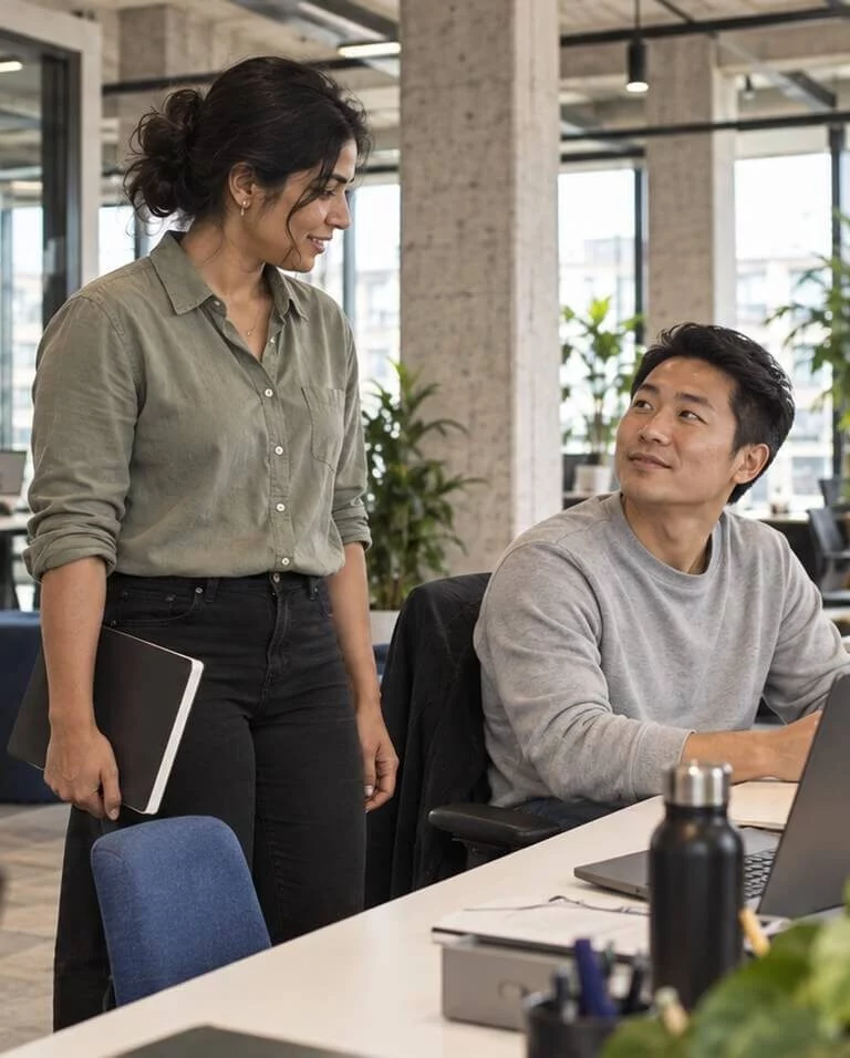 A woman standing by a colleague’s desk in an office, talking with him as he looks up from his laptop.