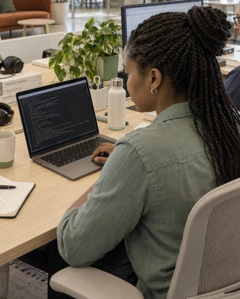 A woman at a desk working on a laptop with code on the screen.