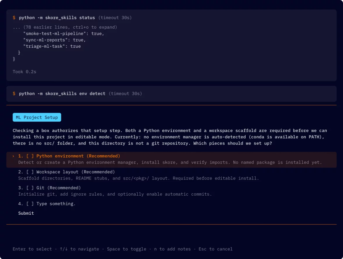 Terminal showing the ML project setup: options to create a Python environment, scaffold the workspace layout, and initialize Git