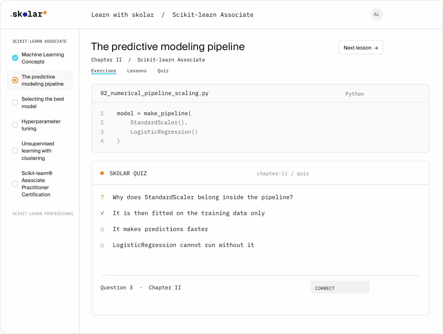 Skolar course page for the Scikit-learn Associate track: a pipeline exercise in Python next to a quiz question.