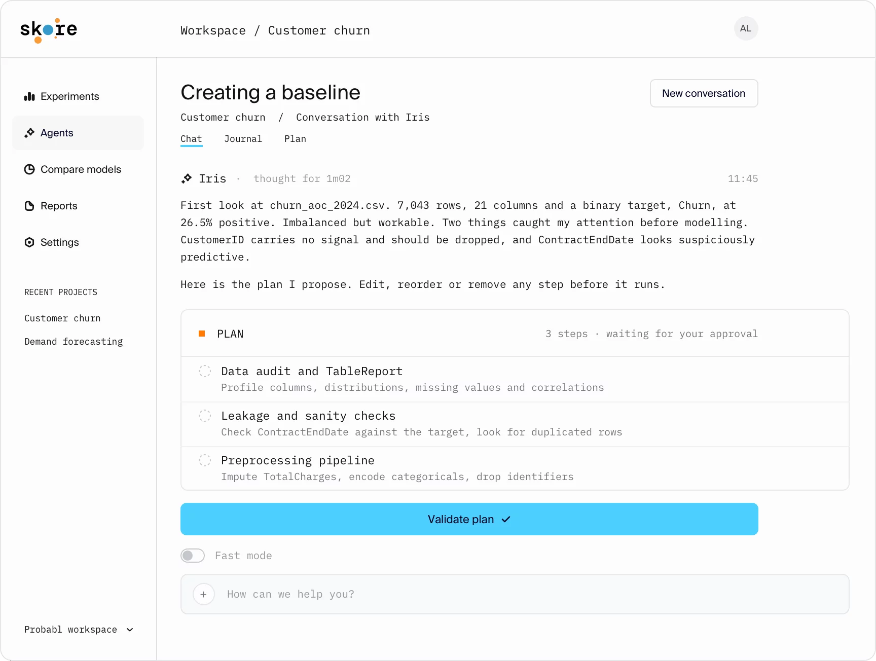 Skore agent chat for a customer-churn project: the agent Iris summarises a first look at the dataset and proposes a three-step plan (data audit, leakage checks, preprocessing) waiting for the user's approval.