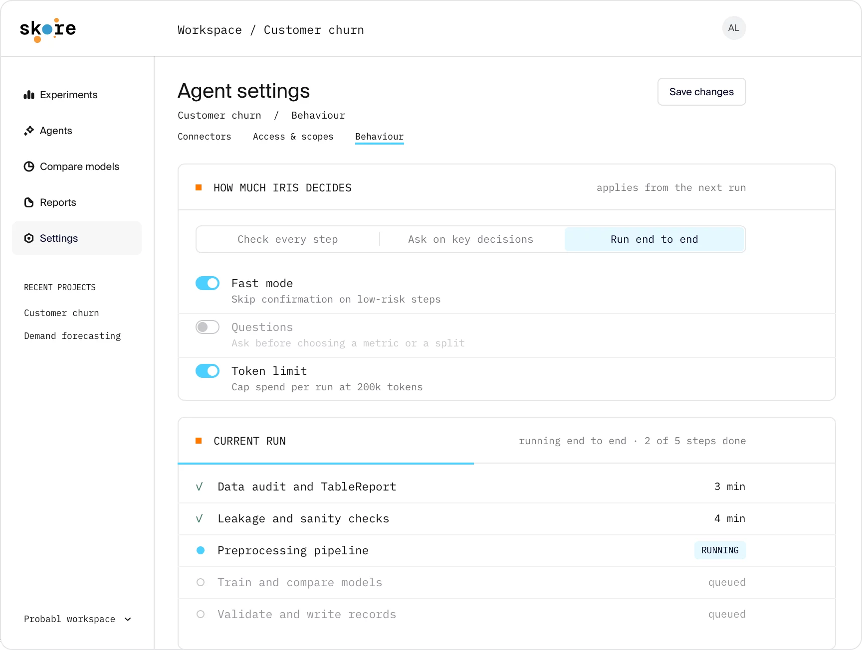 Skore agent settings: autonomy set to "Run end to end", with fast mode and a 200k-token limit switched on, above a current run with two of five steps done and preprocessing in progress.