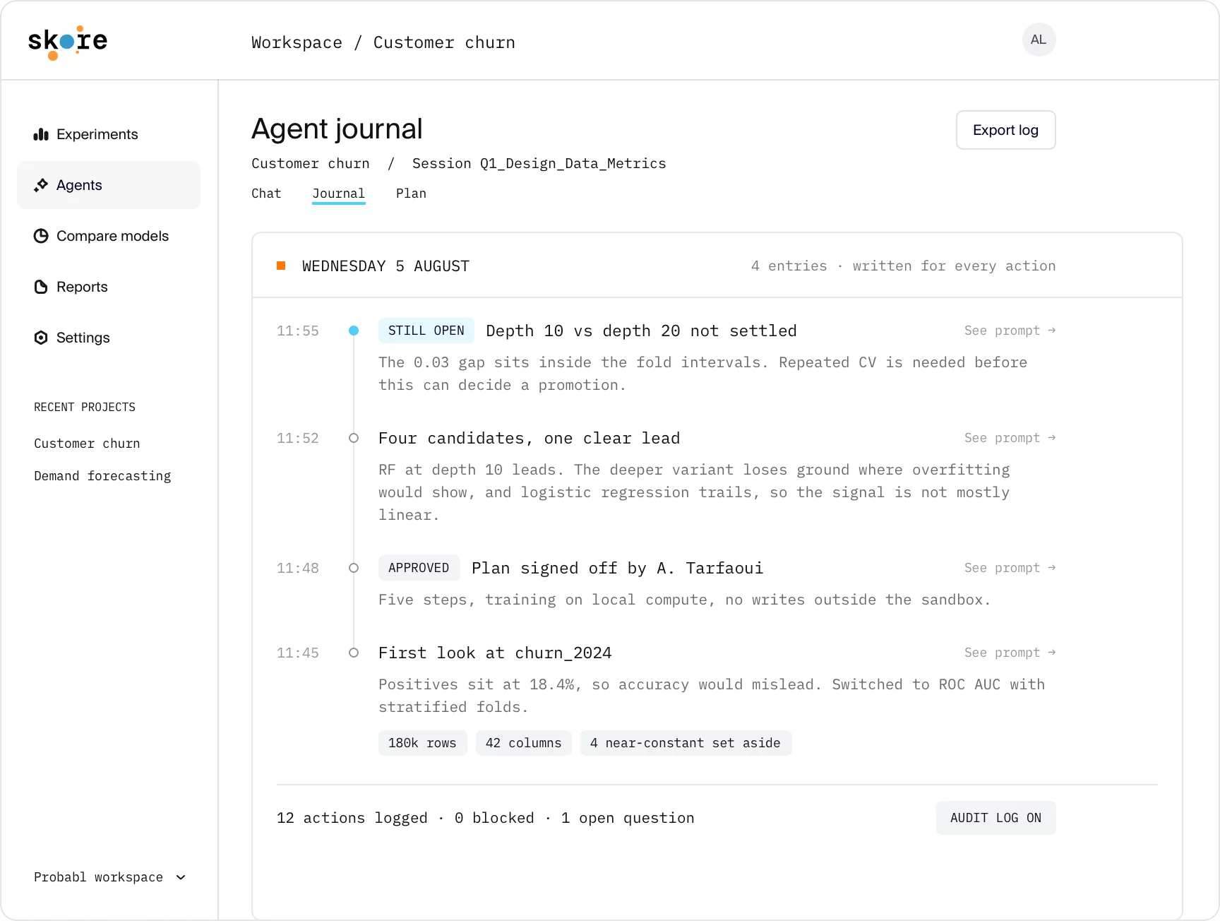 Skore agent journal: a timestamped log of the agent's actions and reasoning, including the approved plan and one open question, with a summary of 12 actions logged, none blocked, and the audit log switched on.