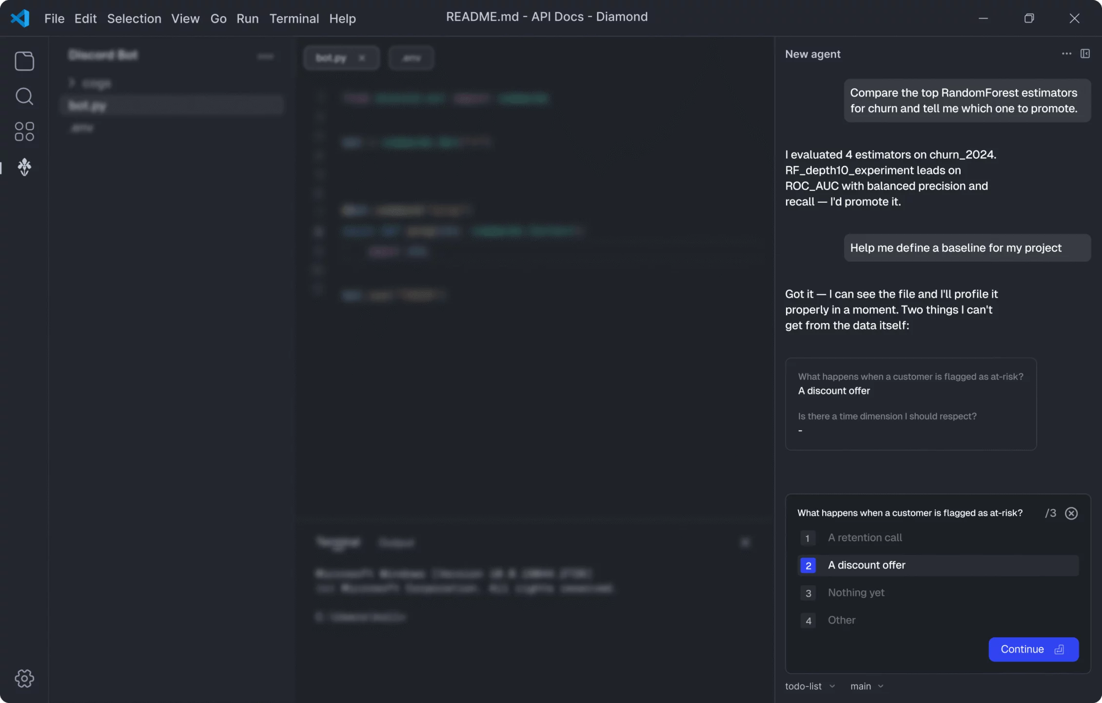 The Skore agent in VS Code compares RandomForest estimators and asks how at-risk customers are handled.
