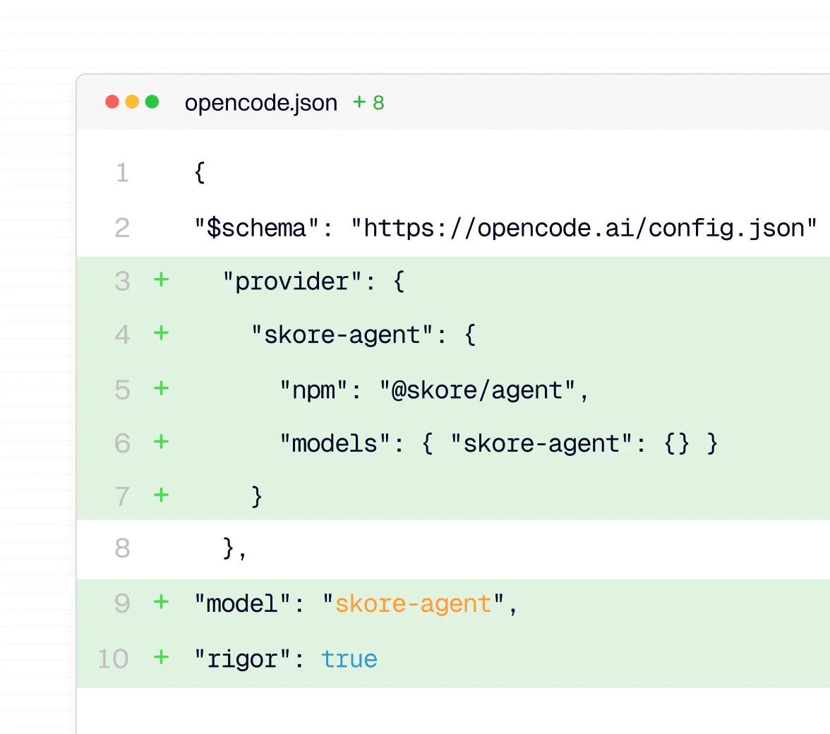 Code editor showing an opencode.json config with a “skore” provider and a “Skore Agent” model added, marked “Rigor enabled”.