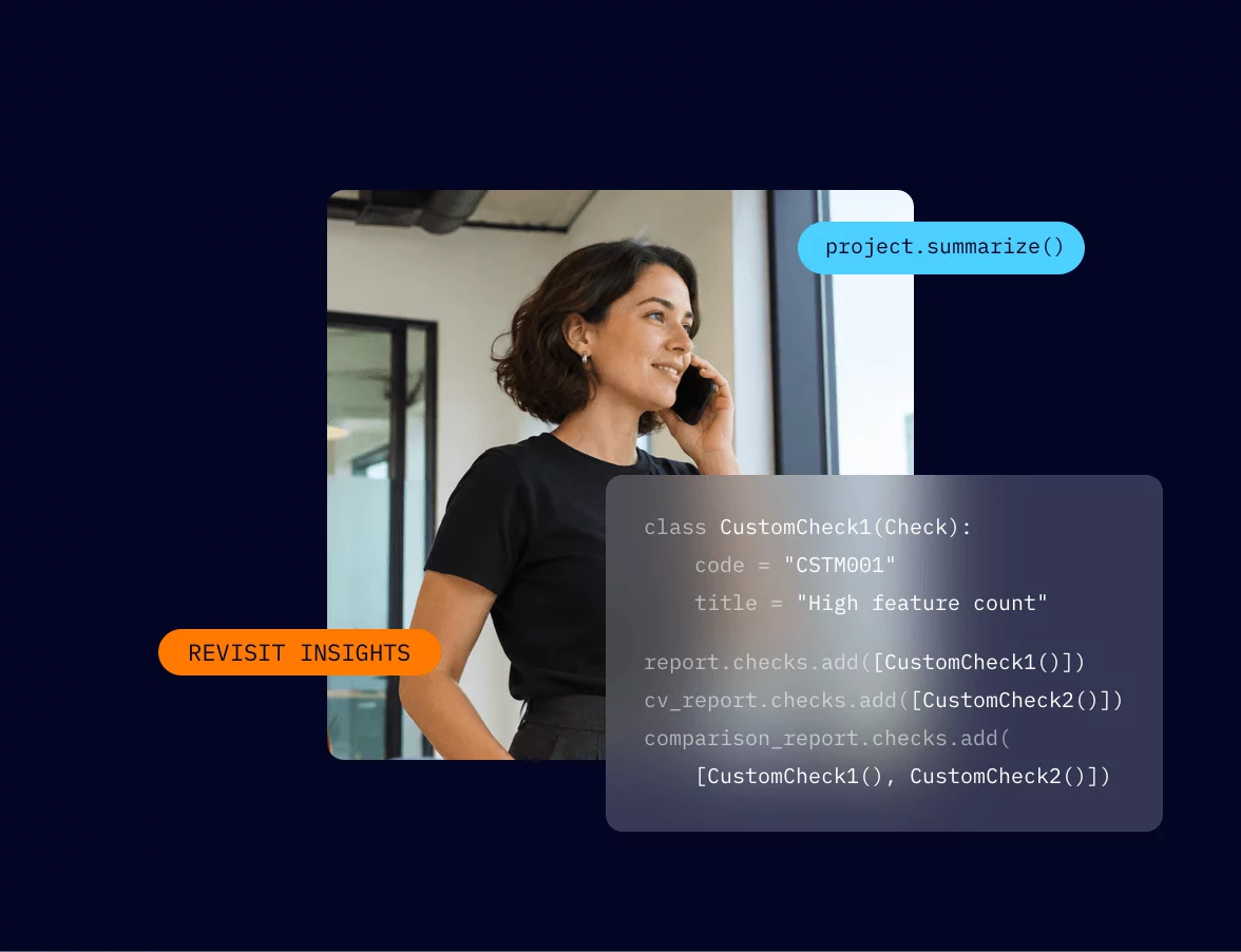 Skore collage: a data scientist on the phone by a window, next to custom check code registered as a reusable skill.